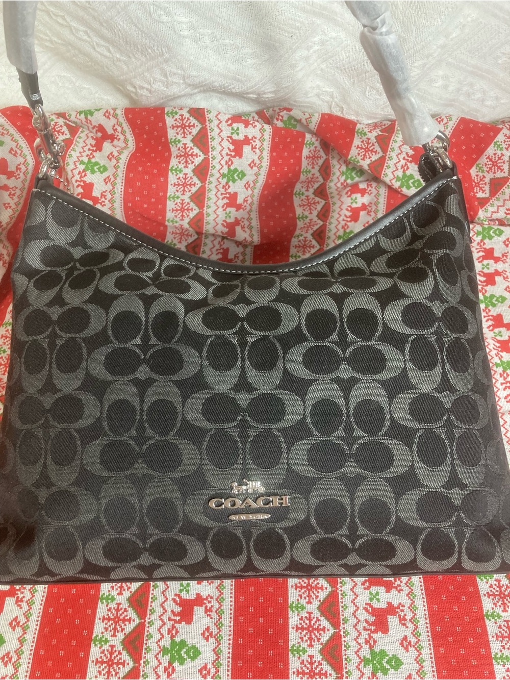 Coach Black Signature Canvas Shoulder Bag with Silver Hardware